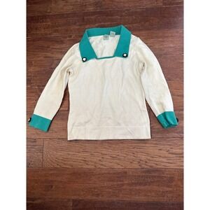 HWR Vintage Mod Style Cream Teal Contrast Knit Sweater Anthropology S